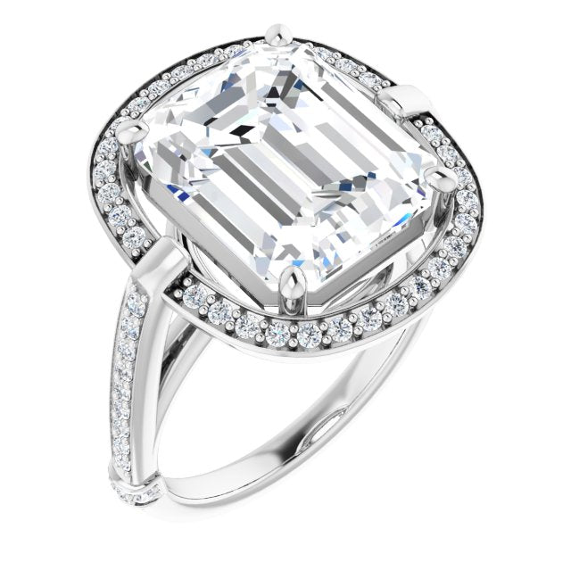 10K White Gold Customizable High-Cathedral Emerald/Radiant Cut Design with Halo and Shared Prong Band