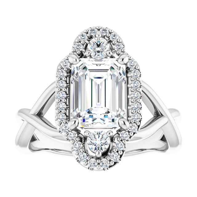 Cubic Zirconia Engagement Ring- The Josemaria (Customizable Vertical 3-stone Radiant Cut Design Enhanced with Multi-Halo Accents and Twisted Band)