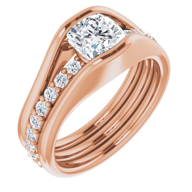 10K Rose Gold Customizable Bezel-set Cushion Cut Style with Thick Pavé Band