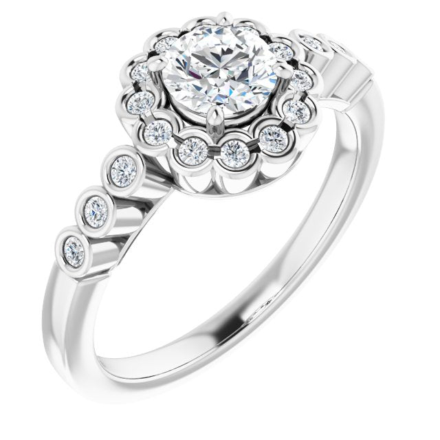 10K White Gold Customizable Round Cut Design with Round-bezel Halo and Band Accents