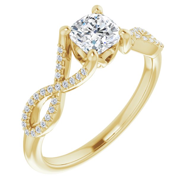 10K Yellow Gold Customizable Cushion Cut Design with Twisting Infinity-inspired, Pavé Split Band