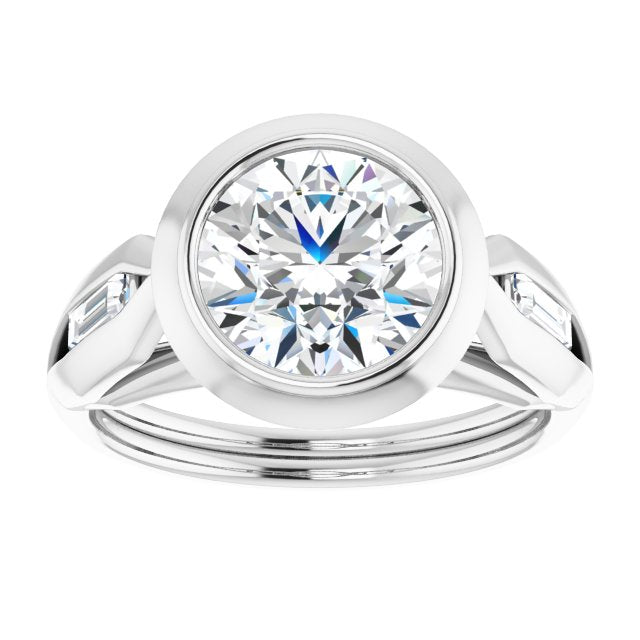 Cubic Zirconia Engagement Ring- The Claudelle (Customizable Bezel-set Round Cut Design with Wide Split Band & Tension-Channel Baguette Accents)