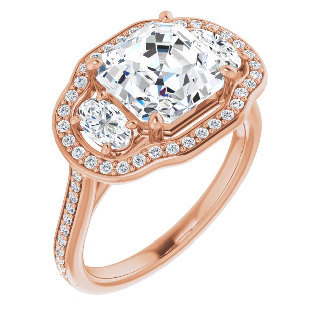 10K Rose Gold Customizable Asscher Cut Style with Oval Cut Accents, 3-stone Halo & Thin Shared Prong Band