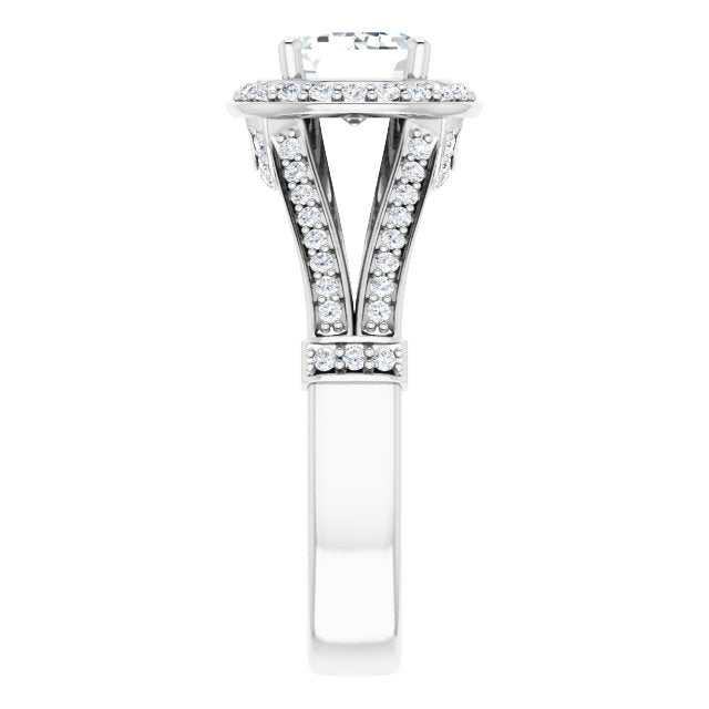 Cubic Zirconia Engagement Ring- The Cecelia (Customizable Emerald Cut Horizontal Setting with Halo, Under-Halo Trellis Accents and Accented Split Band)