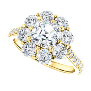 Cubic Zirconia Engagement Ring- The Temeka (Customizable Cathedral-Asscher Cut Style featuring Large-Accent Floral Cluster Halo and Thin Pavé Band)