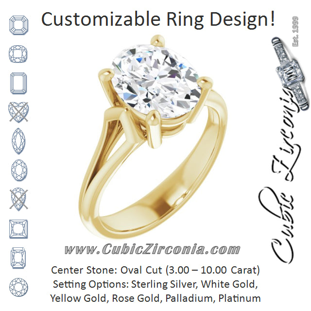 Cubic Zirconia Engagement Ring- The Frankie (Customizable Cathedral-Raised Oval Cut Solitaire with Angular Chevron Split Band)