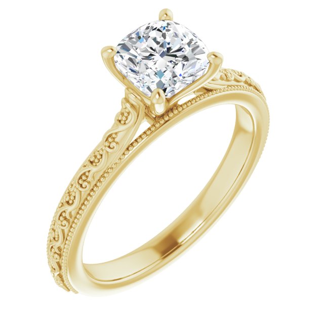 10K Yellow Gold Customizable Cushion Cut Solitaire with Delicate Milgrain Filigree Band