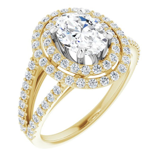 14K Yellow & White Gold Customizable Oval Cut Design with Double Halo and Wide Split-Pavé Band