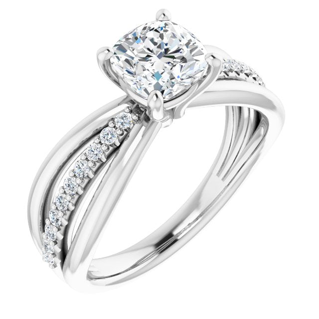 10K White Gold Customizable Cushion Cut Design with Tri-Split Accented Band