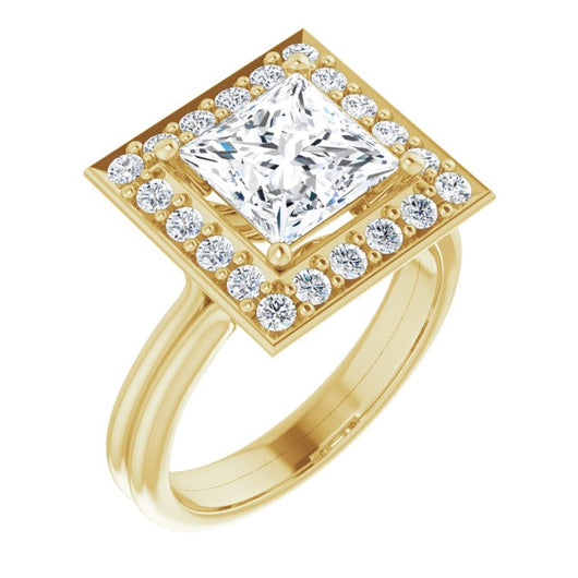 10K Yellow Gold Customizable Cluster-Halo Accented Princess/Square Cut Style with Tapered Dual Band