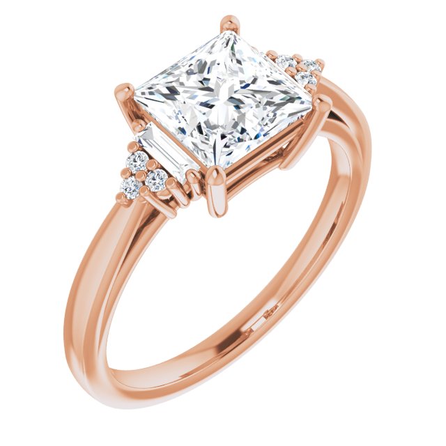 10K Rose Gold Customizable 9-stone Design with Princess/Square Cut Center, Side Baguettes and Tri-Cluster Round Accents