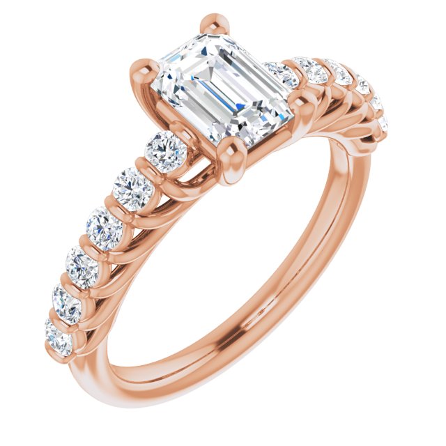 10K Rose Gold Customizable Emerald/Radiant Cut Style with Round Bar-set Accents