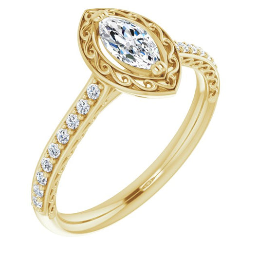 10K Yellow Gold Customizable Marquise Cut Halo Design with Filigree and Accented Band