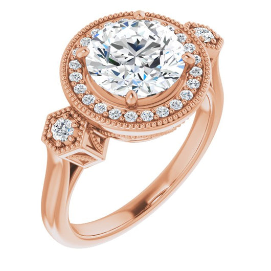 14K Rose Gold Customizable Cathedral Round Cut Design with Halo and Delicate Milgrain