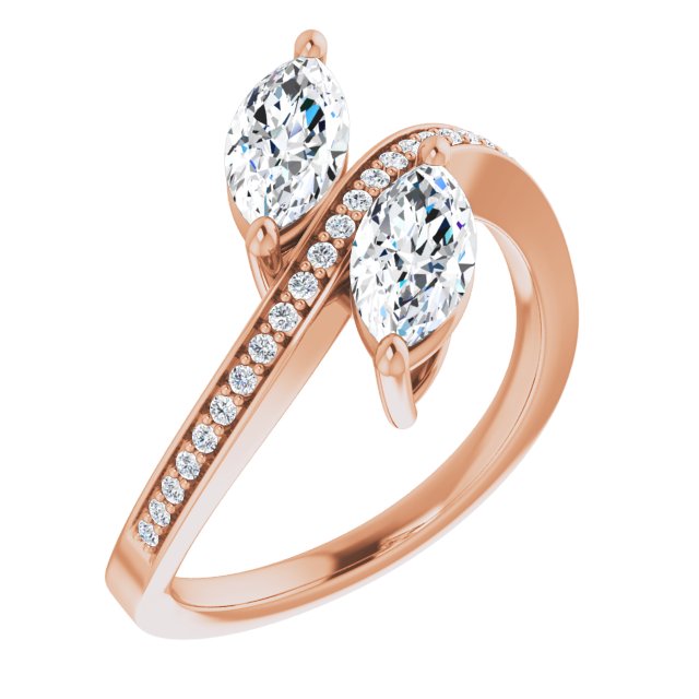 10K Rose Gold Customizable 2-stone Marquise Cut Bypass Design with Thin Twisting Shared Prong Band