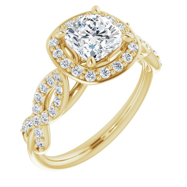 10K Yellow Gold Customizable Cathedral-Halo Cushion Cut Design with Artisan Infinity-inspired Twisting Pavé Band