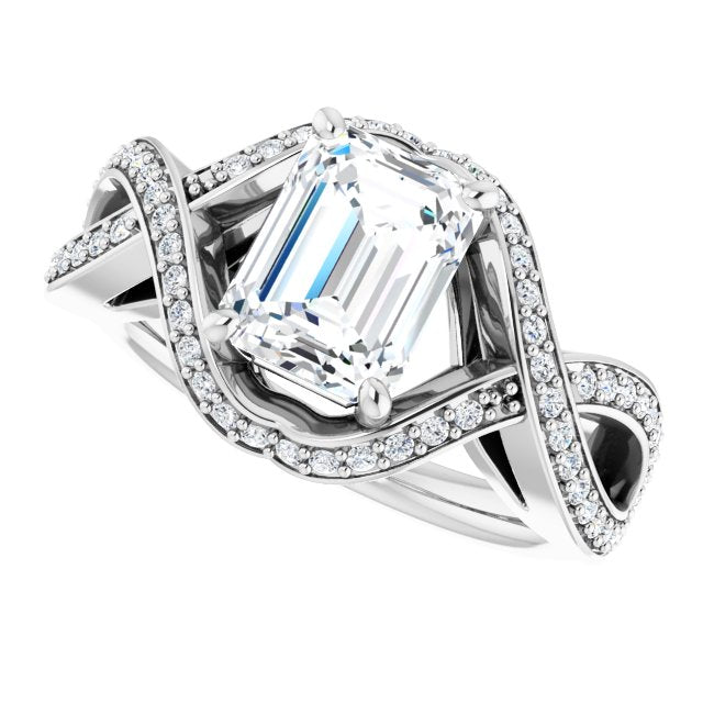 Cubic Zirconia Engagement Ring- The Gwenyth (Customizable Emerald Cut Design with Twisting, Infinity-Shared Prong Split Band and Bypass Semi-Halo)