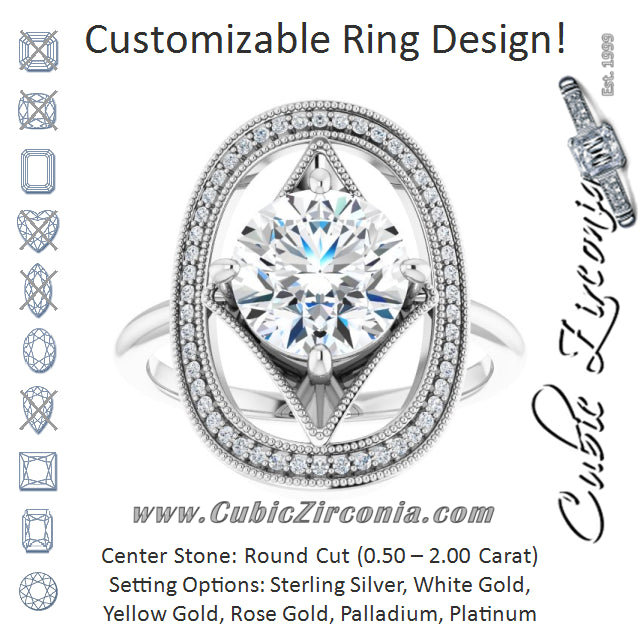 Cubic Zirconia Engagement Ring- The Mireya (Customizable Kite-Rhombus Round Cut Design with Beaded Milgrain & Halo Accents)