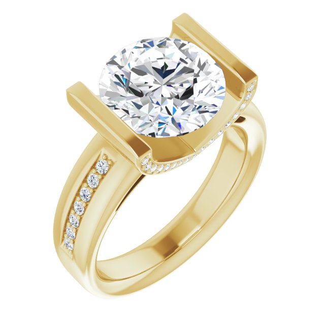 10K Yellow Gold Customizable Cathedral-Bar Round Cut Design featuring Shared Prong Band and Prong Accents