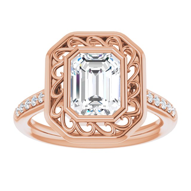 Cubic Zirconia Engagement Ring- The Hailey Belle (Customizable Cathedral-Bezel Radiant Cut Design with Floral Filigree and Thin Shared Prong Band)