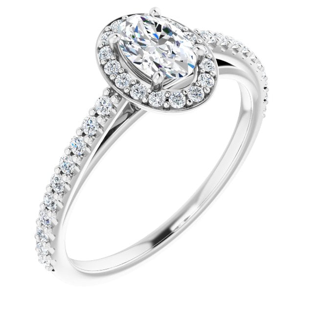 10K White Gold Customizable Oval Cut Design with Halo and Thin Pavé Band