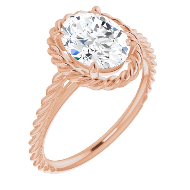 10K Rose Gold Customizable Cathedral-set Oval Cut Solitaire with Thin Rope-Twist Band