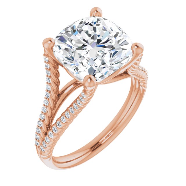 10K Rose Gold Customizable Cushion Cut Style with Split Band and Rope-Pavé