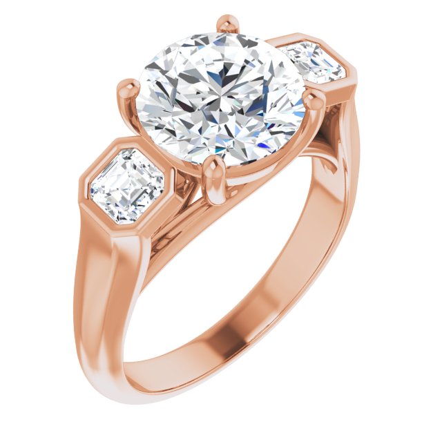 18K Rose Gold Customizable 3-stone Cathedral Round Cut Design with Twin Asscher Cut Side Stones
