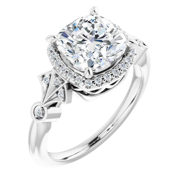 10K White Gold Customizable Cathedral-Crown Cushion Cut Design with Halo and Scalloped Side Stones