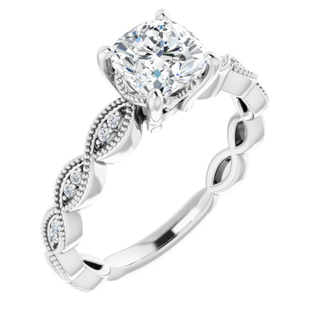 10K White Gold Customizable Cushion Cut Artisan Design with Scalloped, Round-Accented Band and Milgrain Detail