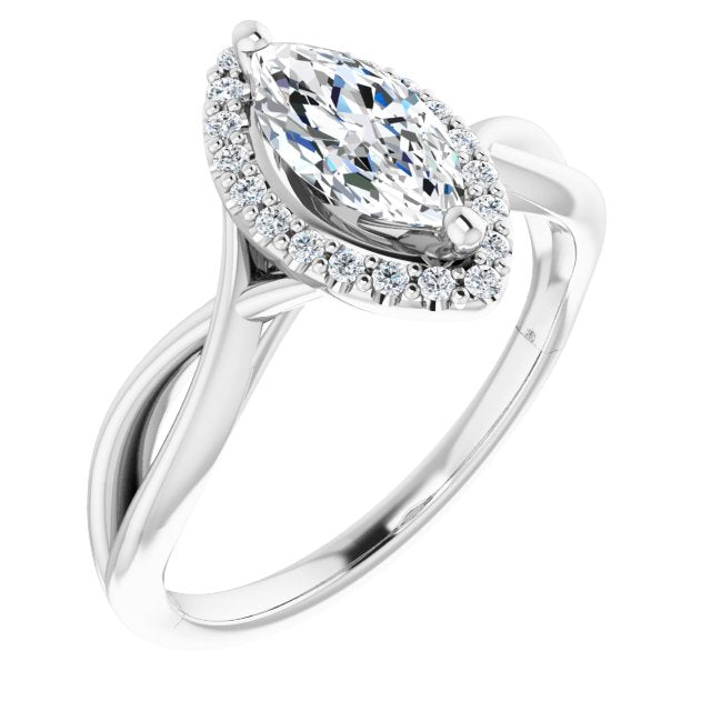 10K White Gold Customizable Cathedral-Halo Marquise Cut Design with Twisting Split Band