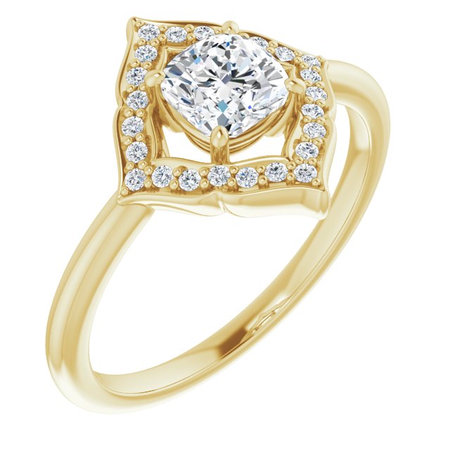 10K Yellow Gold Customizable Cushion Cut Style with Artistic Equilateral Halo and Ultra-thin Band