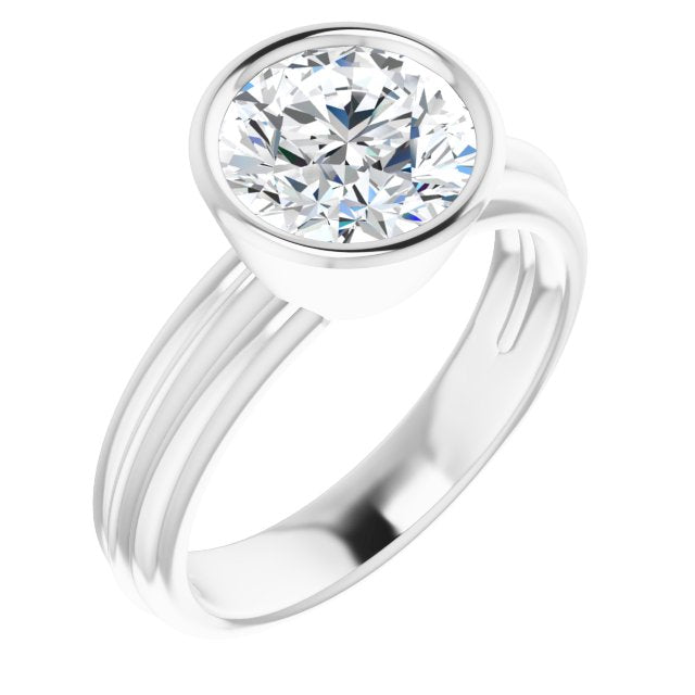 Cubic Zirconia Engagement Ring- The Aretha (Customizable Bezel-set Round Cut Solitaire with Grooved Band)