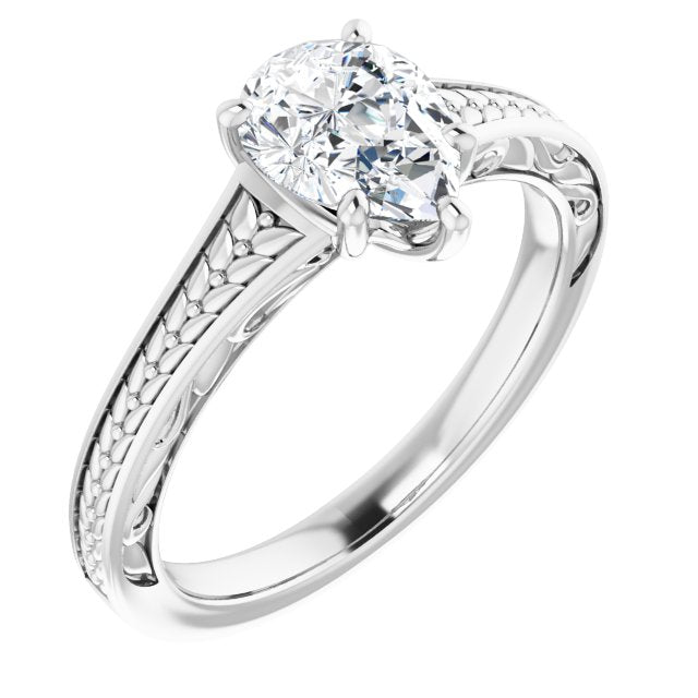 10K White Gold Customizable Pear Cut Solitaire with Organic Textured Band and Decorative Prong Basket