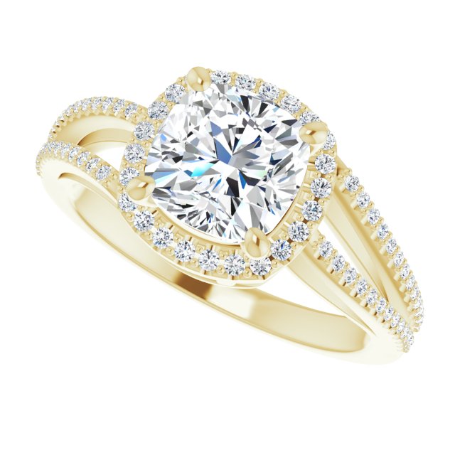 Cubic Zirconia Engagement Ring- The Claudette (Customizable Cushion Cut Vintage Design with Halo Style and Asymmetrical Split-Pavé Band)