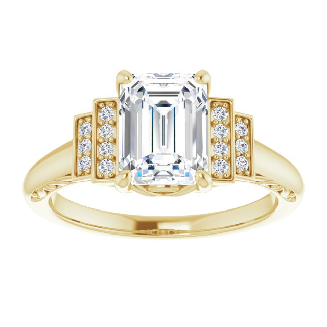 Cubic Zirconia Engagement Ring- The Brynhild (Customizable Engraved Design with Radiant Cut Center and Perpendicular Band Accents)