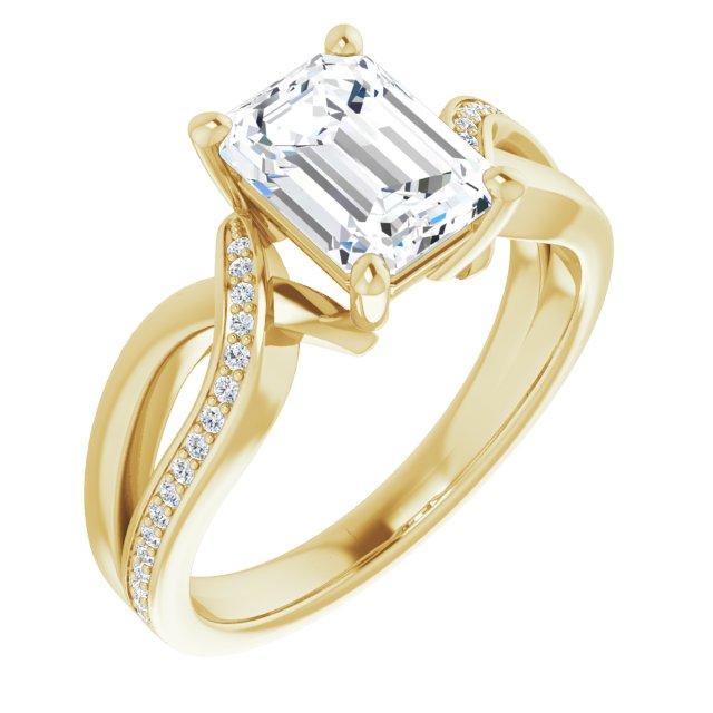 Cubic Zirconia Engagement Ring- The Asha (Customizable Emerald Cut Center with Curving Split-Band featuring One Shared Prong Leg)