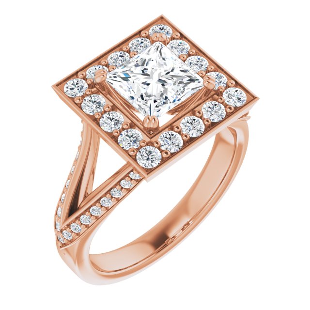 10K Rose Gold Customizable Princess/Square Cut Center with Large-Accented Halo and Split Shared Prong Band