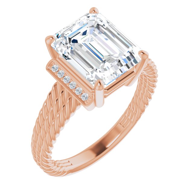 10K Rose Gold Customizable 11-stone Design featuring Emerald/Radiant Cut Center, Vertical Round-Channel Accents & Wide Triple-Rope Band