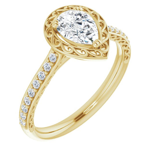 10K Yellow Gold Customizable Pear Cut Halo Design with Filigree and Accented Band