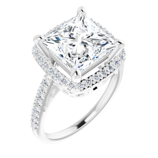 10K White Gold Customizable Cathedral-Crown Princess/Square Cut Design with Halo and Accented Band
