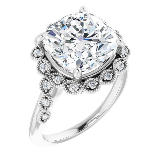 10K White Gold Customizable 3-stone Design with Cushion Cut Center and Halo Enhancement