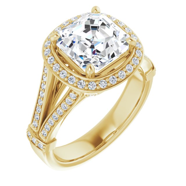 10K Yellow Gold Customizable Asscher Cut Setting with Halo, Under-Halo Trellis Accents and Accented Split Band