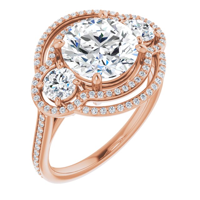 10K Rose Gold Customizable Enhanced 3-stone Double-Halo Style with Round Cut Center and Thin Band