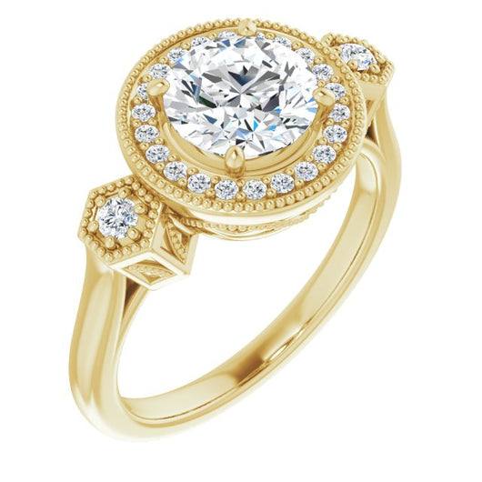 10K Yellow Gold Customizable Cathedral Round Cut Design with Halo and Delicate Milgrain