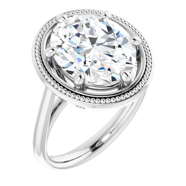 10K White Gold Customizable Oval Cut Solitaire with Metallic Drops Halo Lookalike