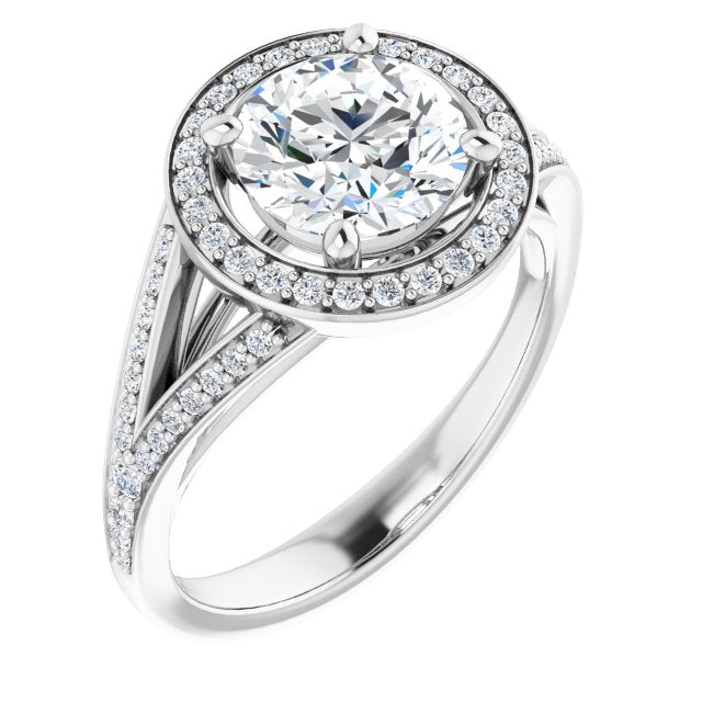 10K White Gold Customizable Cathedral-Halo Round Cut Style featuring Split-Shared Prong Band