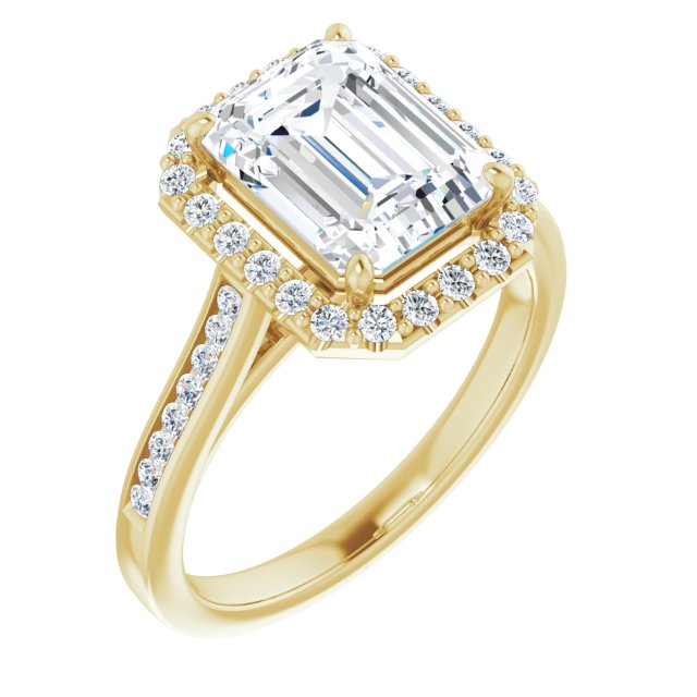 10K Yellow Gold Customizable Emerald/Radiant Cut Design with Halo, Round Channel Band and Floating Peekaboo Accents