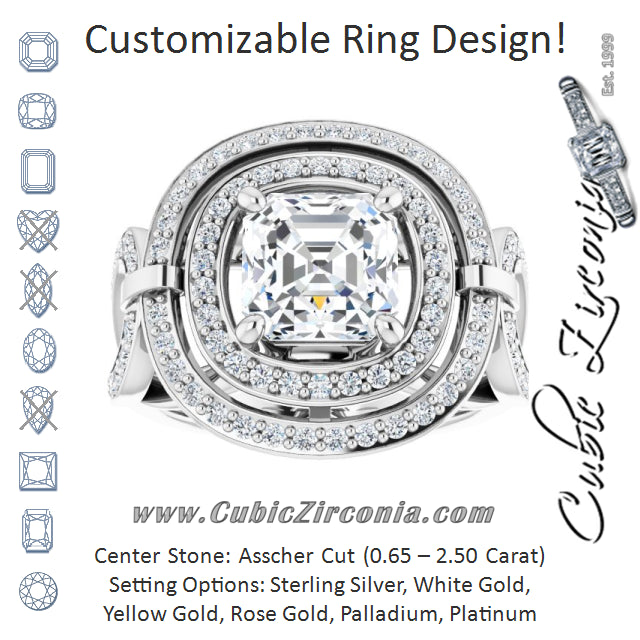 Cubic Zirconia Engagement Ring- The Daksha (Customizable Cathedral-set Asscher Cut Design with Double Halo & Accented Ultra-wide Horseshoe-inspired Split Band)