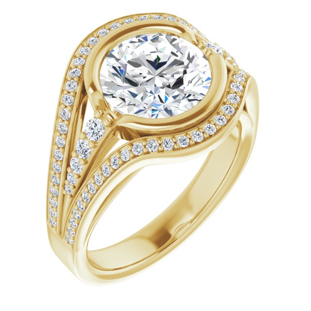 14K Yellow Gold Customizable Cathedral-Bezel Round Cut Design with Wide Triple-Split-Pavé Band